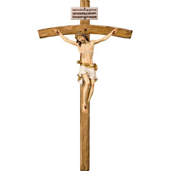 Cristo Pisa en cruz arqueada con Titulus Crucis en hebreo - latín - griego